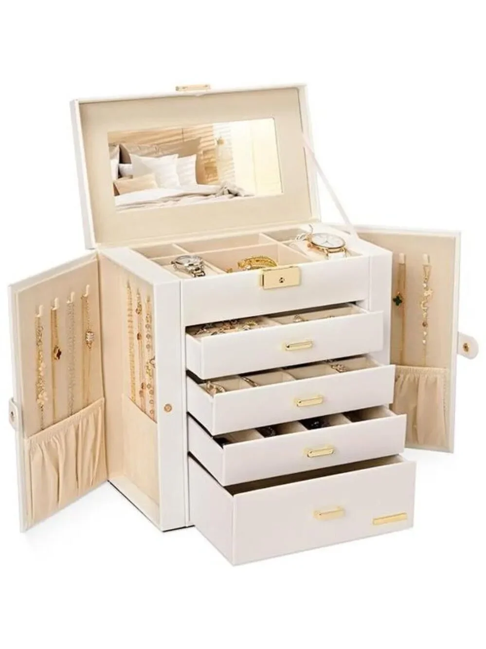 White Lockable Jewelry Box Watch Organizer Necklace Ring Storage with Mirror